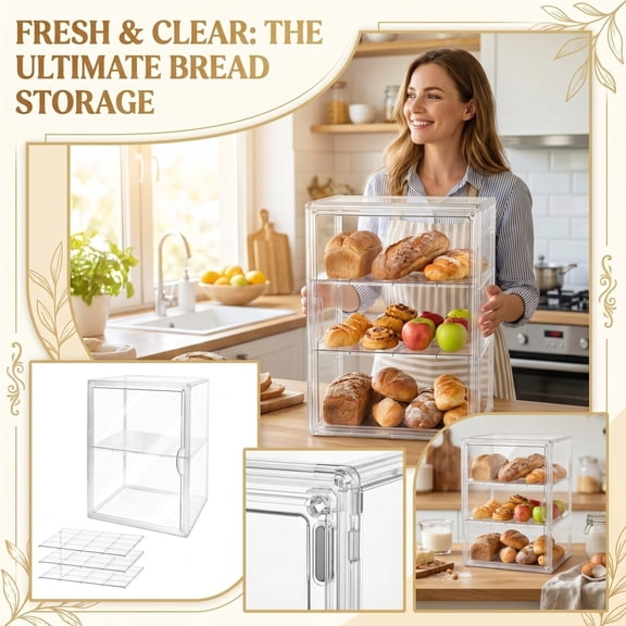 Bread Box, Pastry Display Case for Kitchen Countertop - 3-Tier Adjustable Clear Acrylic Bread Storage with Magnetic Door Closure, Counter Display for Homemade Bread, Bagels, Donuts, Muffins