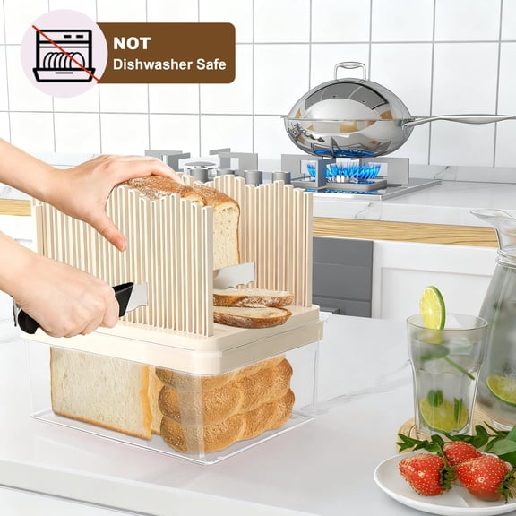 Bread Box With Slicer Portable Airtight Storage Container Lid Handle For Kitchen Counter Keeper Homemade Toast Bagel Cookies Beige