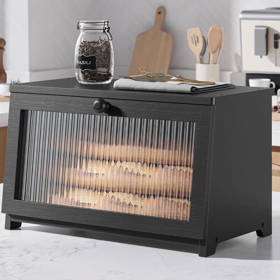 Bread Box - Wooden Bread Box for Kitchen Countertop, Large Capacity Kitchen Countertop Organizer, Stylish Bread Storage with Window, Multi-functional Container, Black, 15.0"x8.3"x9.1" (1T)