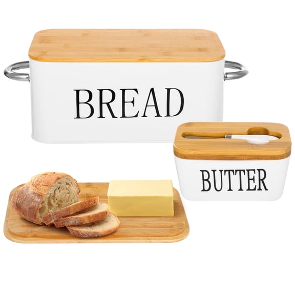 Bread Box with Cutting Board Lid & Ceramic Butter Dish Set – Metal Bread Storage Container with Wood Lid, Butter Keeper with Sealing Lid & Cutter, Kitchen Countertop Organizer