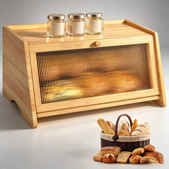Bread Box for Kitchen Counter, Bamboo Bread Storage Bin with See-Through Window, Large Capacity Countertop Organizer, Keep Bread Fresh(Natural)