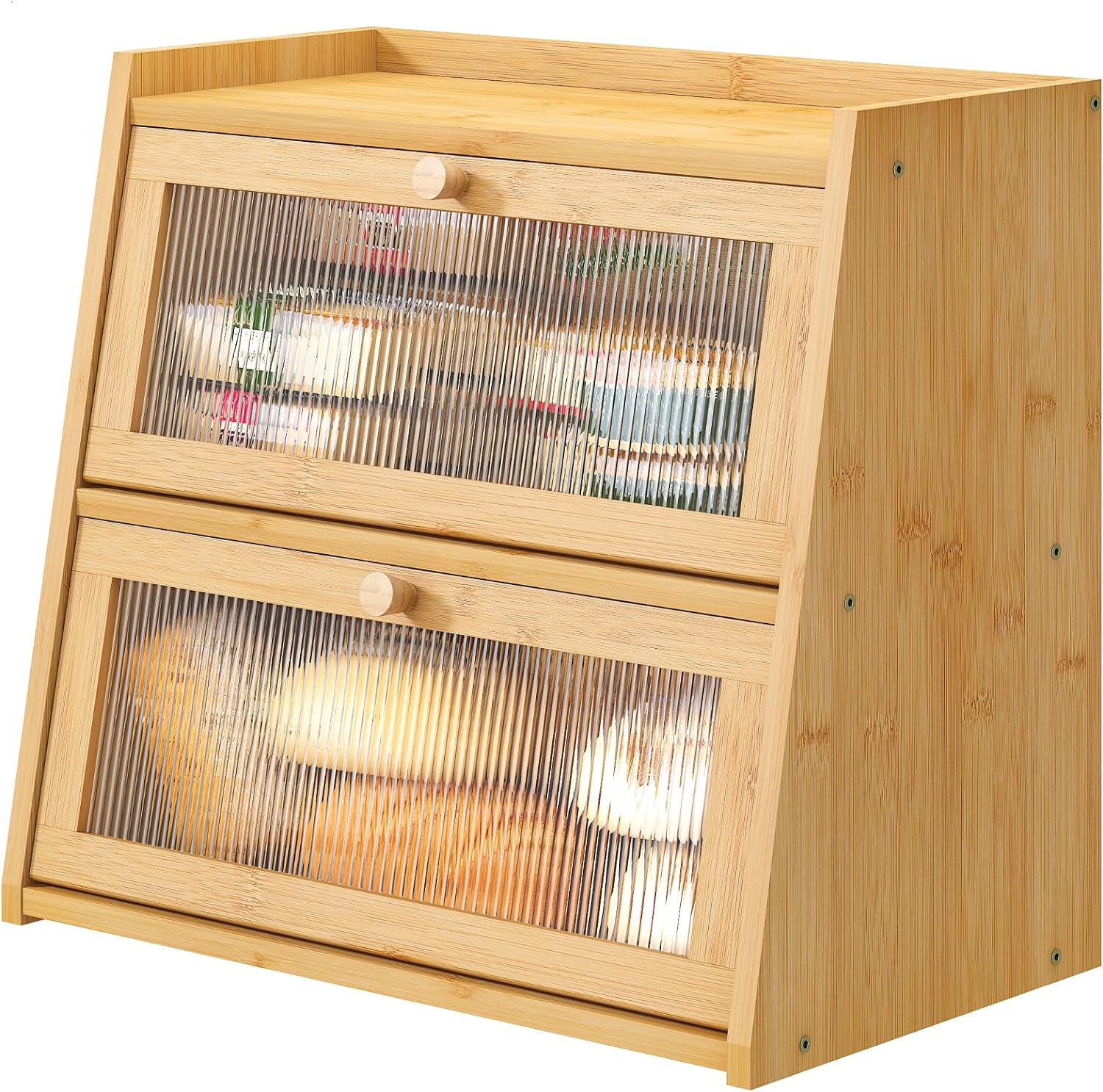 Bread Box for Kitchen Counter, Double Layer Large Bamboo Wood Bread Box, Bamboo Bread Storage Container with Wavy Acrylic Transparent Door