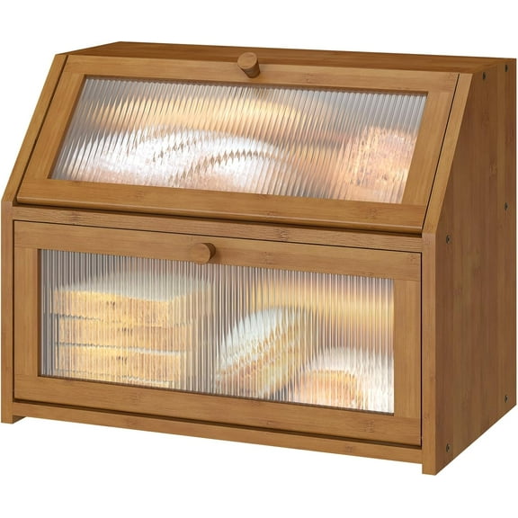 Bread Box for Kitchen Counter, Large Bamboo Wood Double Layer Bread Box, Wooden Bread Storage Capacity