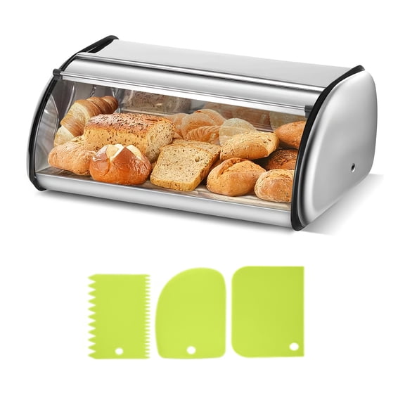 Bread Box for Kitchen Counter, Stainless Steel Roll Top Bread Bin, Sliver Bread Storage Holder with Lid, Large Capacity Bread Keeper