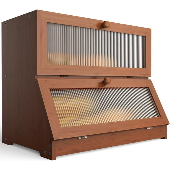 Bread Box for Kitchen Countertop: 2-Tier Bamboo Large Bread Storage Container,Brown