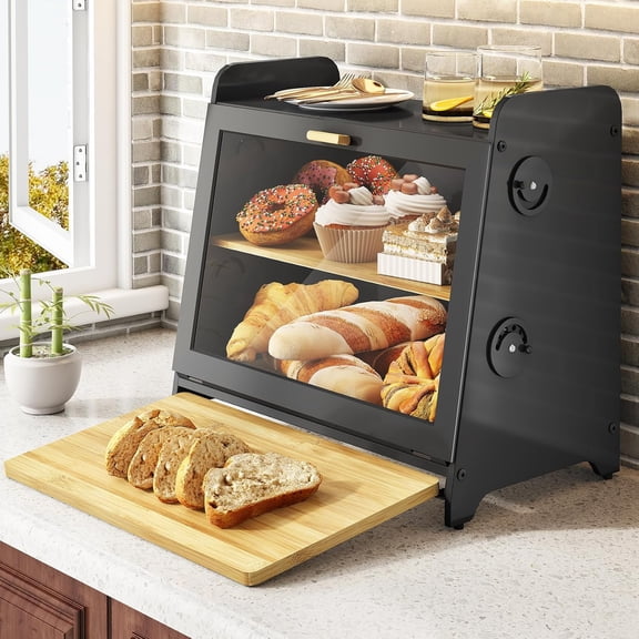 Bread Box for Kitchen Countertop, Airtight Homemade Bread Storage Container with Adjustable Vent Holes, Bamboo Cutting Board (Black, L)