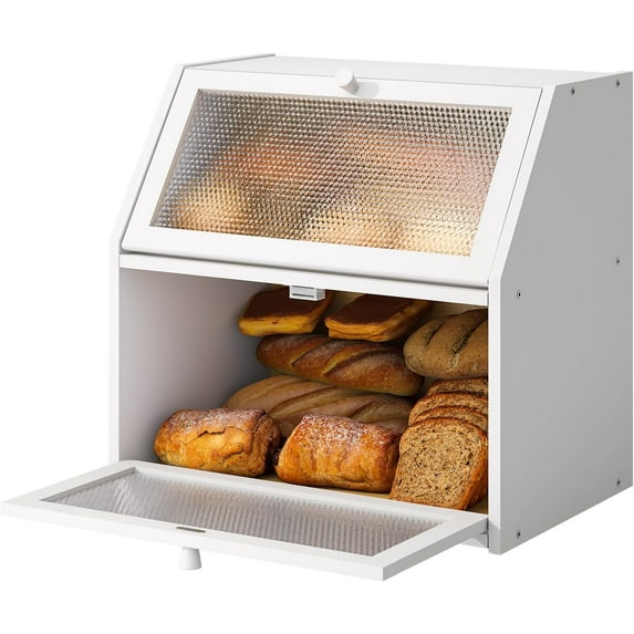Bread Box for Kitchen Countertop Bin Double Layer Bread Box Storage Container Extra Large Capacity with Diamond Pattern Windows (White, Extra Large)
