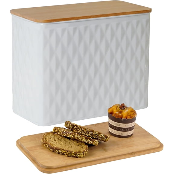 Bread Box for Kitchen Countertop Corner Breadbox for made Bread Metal White Embossed Storage Container Bin with Lid Fits 2 Loaves of Bread