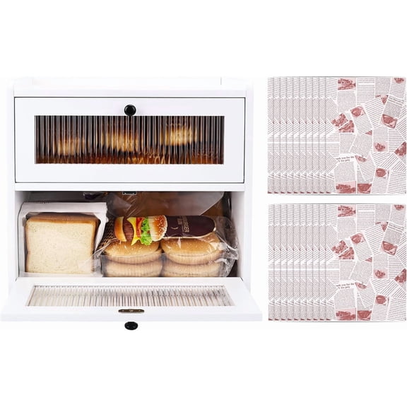 Bread Box for Kitchen Countertop,Double Layer Large Storage,White | Wooden Breadbox with Ventilation Holes, Keep Freshness Longer, Vintage Homemade Bread Storage Container with Acrylic Window
