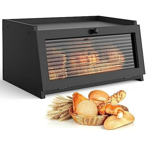Bread Box for Kitchen Countertop Large Bread Box Farmhouse Bread Container Bread Storage with Window Bread Holder Black