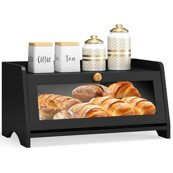 Bread Box for Kitchen Countertop, Large Bread Container Storage, Wooden Farmhouse Bread Box with Window Bread Holder (Black)