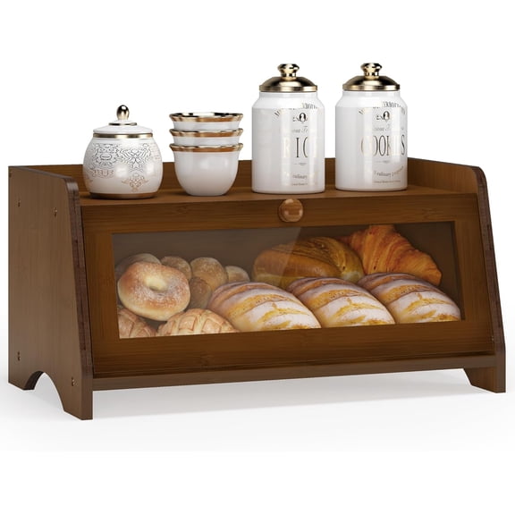 Bread Box for Kitchen Countertop, Large Bread Container Storage, Wooden Farmhouse Bread Box with Window Bread Holder (Brown)