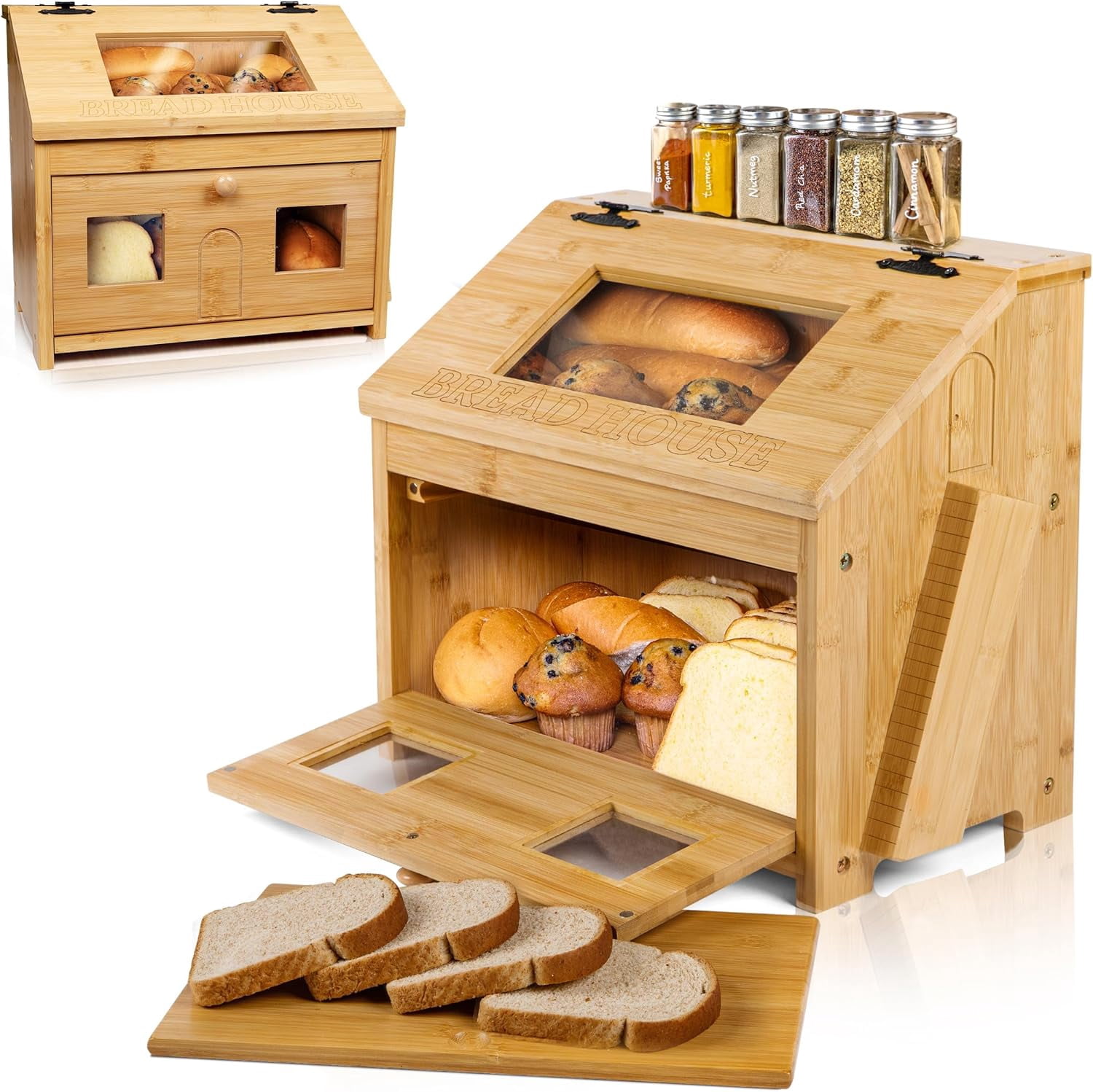 Bread Box for Kitchen Countertop – Large Wooden Bamboo Bread Box with ...