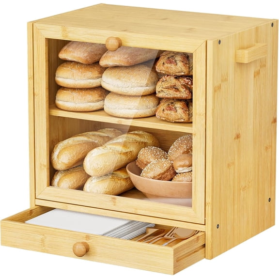 Bread Box for Kitchen Countertop,Wooden Bread Box for Homemade Bread,Large Bamboo Bread Storage Container,with Cutlery Drawer and Knife Rack