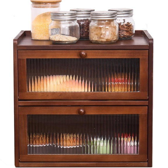 Bread Box for Kitchen Countertop Wooden Bread Storage Container Bin 2 Layer with Acrylic Window (Brown)