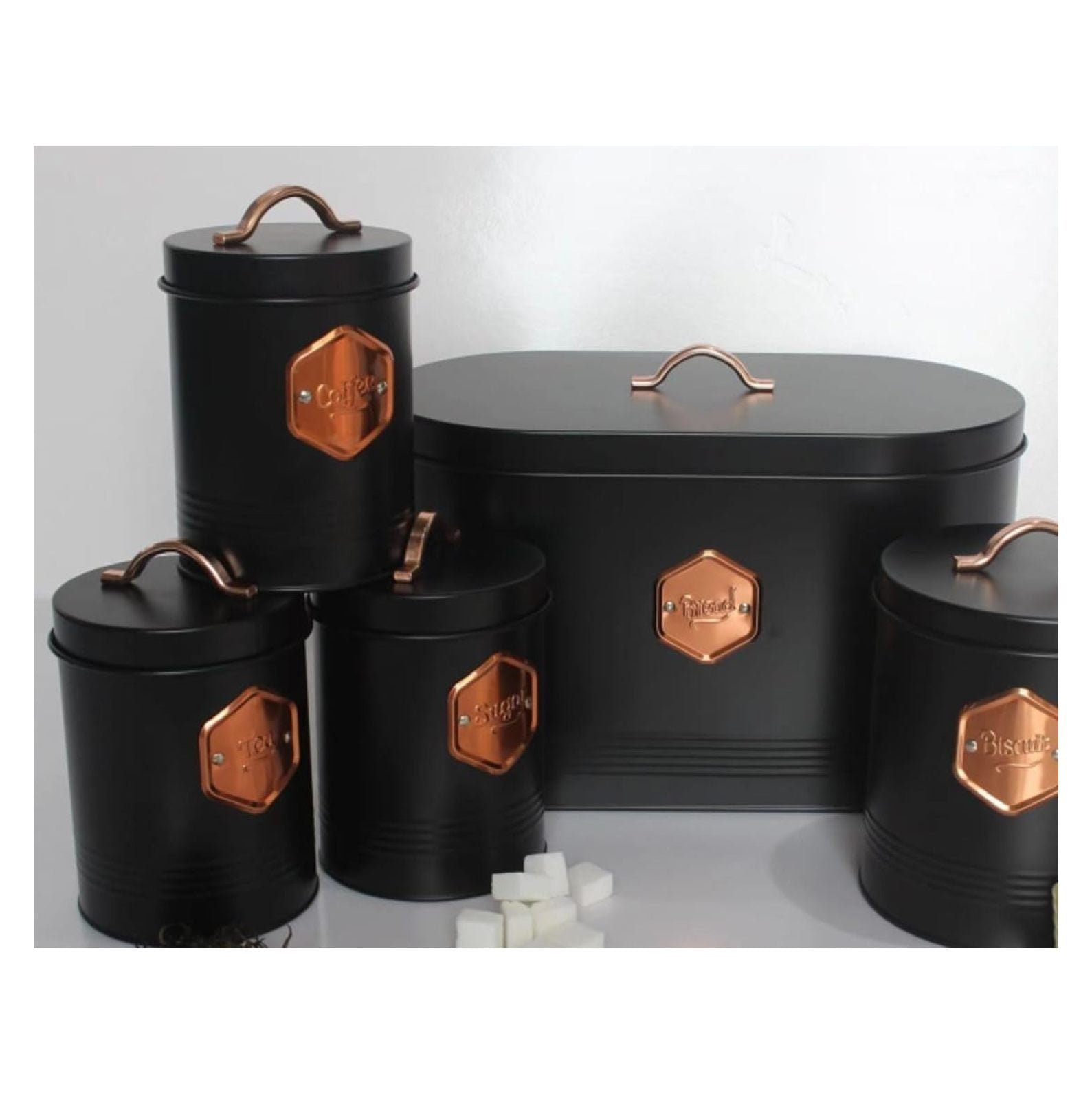 4-piece Beige Metal Bread Box Set with Lids and Cooper Labels 4-piece Beige Metal Bread Box Set with Lids and Cooper Labels