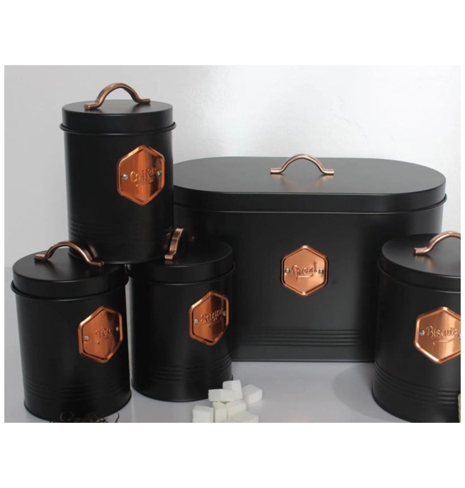 4-piece Black Metal Bread Box Set with Lids and Cooper Labels 4-piece Black Metal Bread Box Set with Lids and Cooper Labels