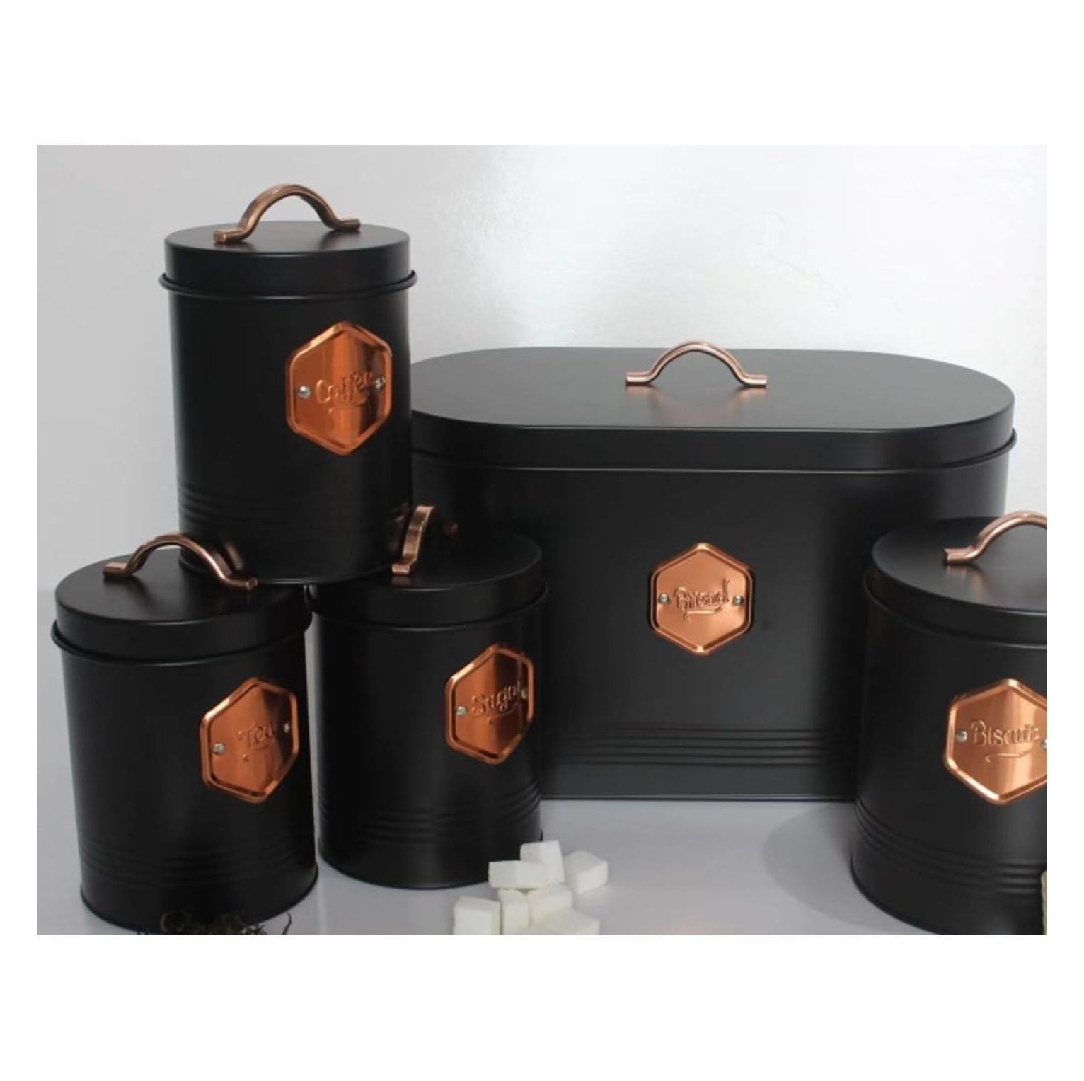 4-piece Beige Metal Bread Box Set with Lids and Cooper Labels 4-piece Beige Metal Bread Box Set with Lids and Cooper Labels