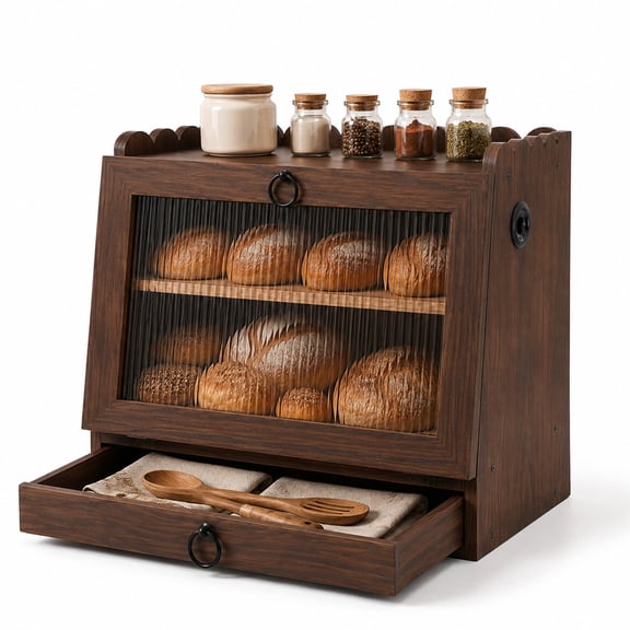 Bread Box for Kitchen Scalloped Countertop Wooden Double Layer Bread