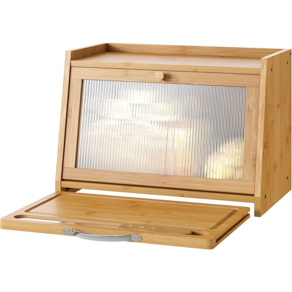 Bread Box with Cutting Board, Bamboo Bread Box for Kitchen Counter, Bread Storage Container with Wavy Arcylic Transparent Door (Natural)