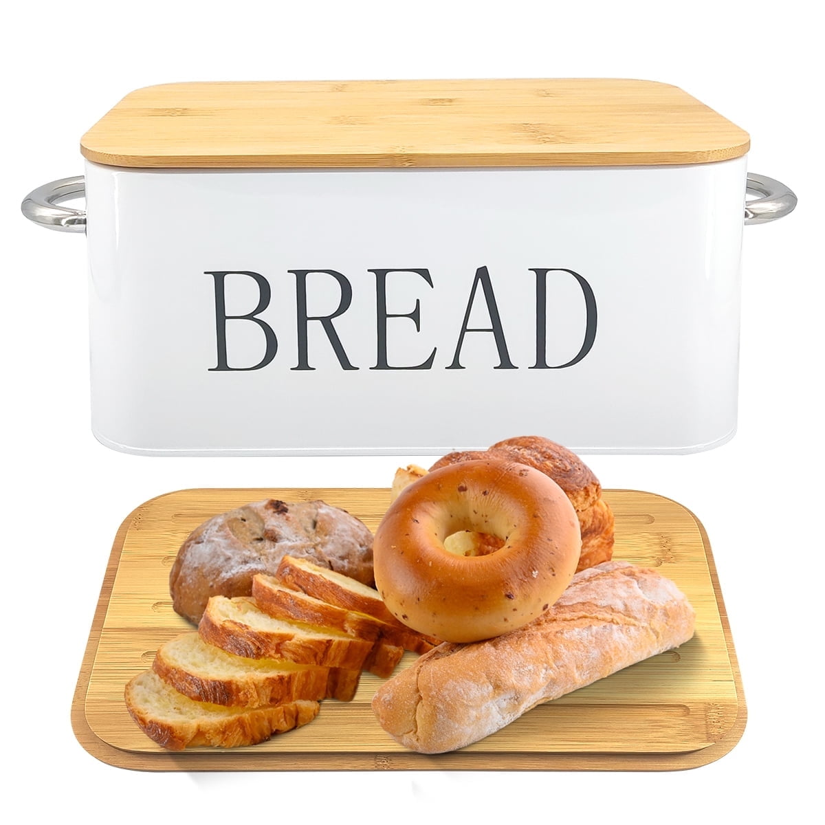 Black Metal Bread Box with Bamboo Cutting Board Lid, 13.2 Black Metal Bread Box with Bamboo Cutting Board Lid, 13.2