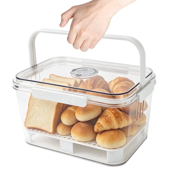 Bread Box with Lid and Handle for Kitchen Counter, Airtight Plastic Bread Storage Container with Time Recording Dial and Drain Tray, Clear