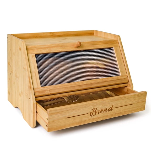 Large Bamboo Bread Box with Storage Drawer Keeps Bread Fresh & Organizes Kitchen Counter