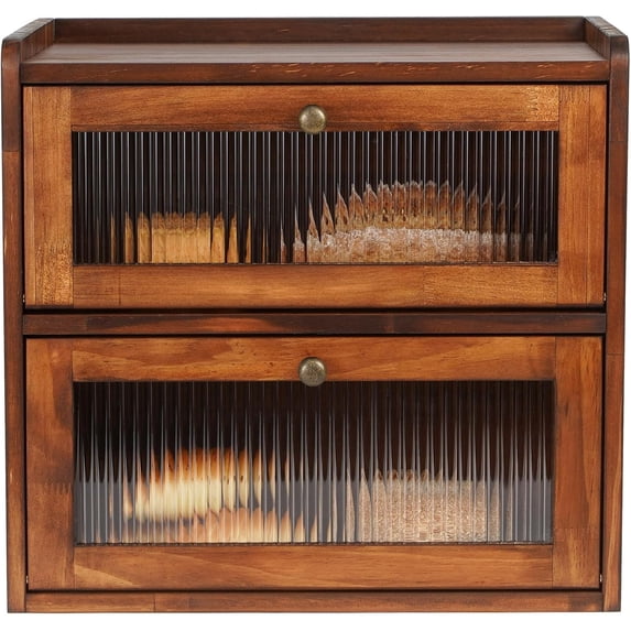 Brown Corner Bread Box for Kitchen Countertop,Cuopluber Large Bread Container Storage Bamboo Wooden Farmhouse Bread Box with Window Bread Holder