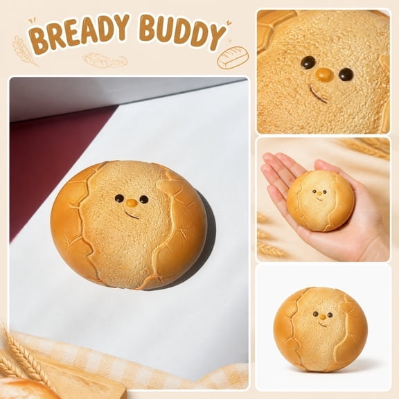 Bread Buddy Squishy Toys, Cute Smiley Bread Stress Relief Balls, Soft Slow-Rising Squeeze Fidget, Realistic Food-Shaped Decompression, Desk Decor & Creative Gifting