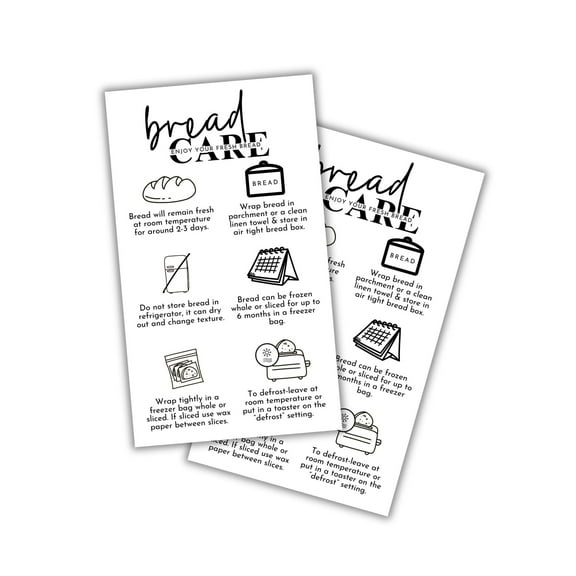 Bread Care Instruction Cards 50pk 2x3.5 Sourdough Storage Bakery Baker Client Packaging Cinnamon Roll Cupcake Cake How To Store