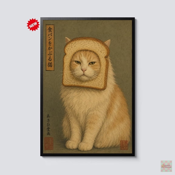 Bread Cat Wall Art Cat Wearing Toast Japanese Ukiyo E Inspired Feline Artwork Whimsical Cat Decor Gift