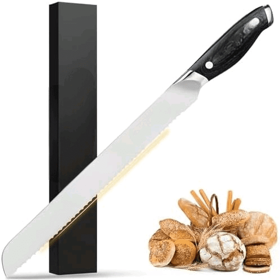 Bread Knife, 10 Inch Serrated Knife for Slicing Homemade Bread, Razor Sharp High Carbon Steel, Professional Bakery Kitchen Knives with Full Tang Ergonomic Handle for Sourdough, Bagel, Cake