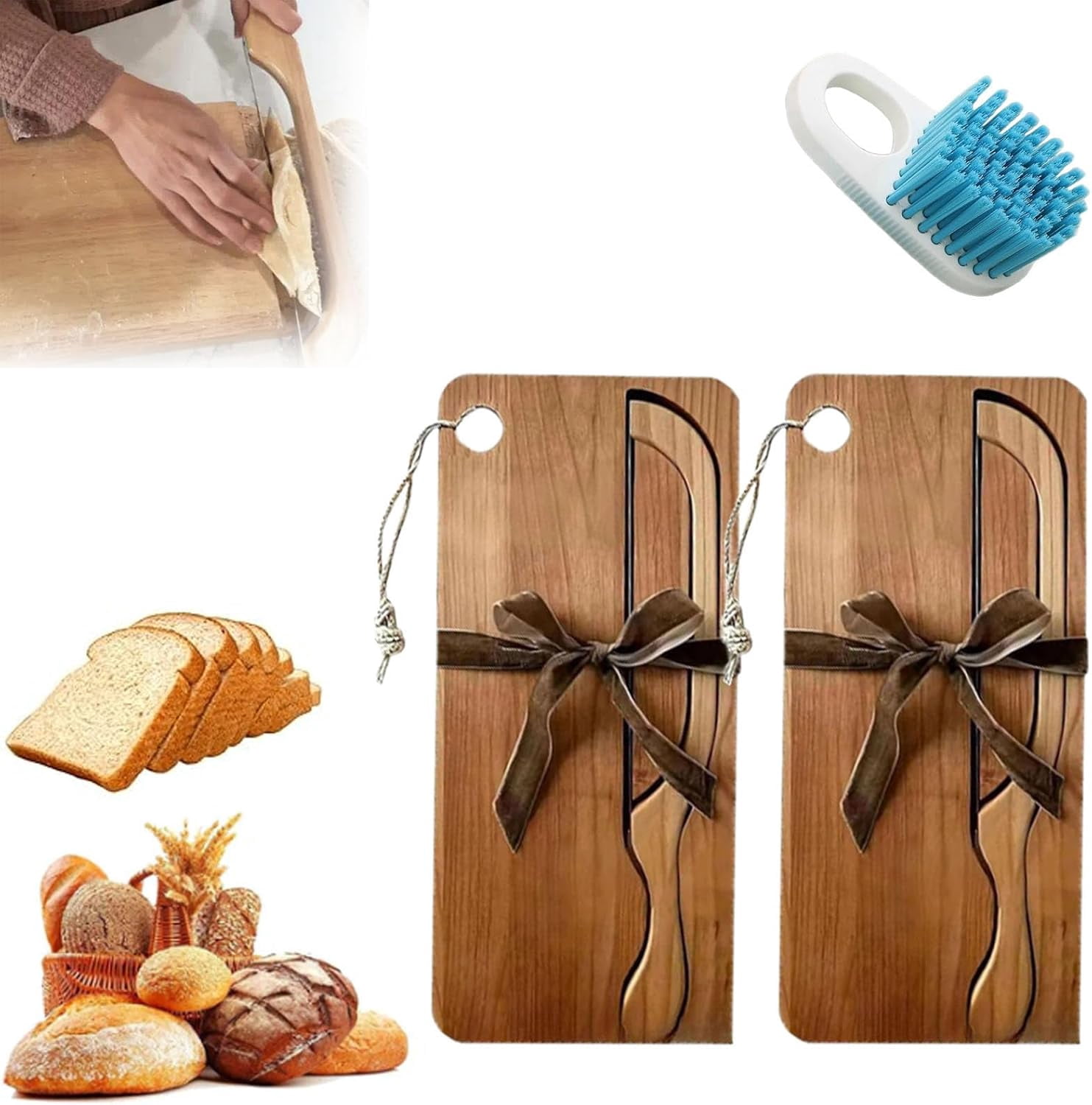 Bread Knife and Cutting Board Set, Sourdough 8 Inch Bread Knife with Matching Crumb Tray, Sour Dough Cutter, Left Right Handed Design, Ergonomic Slicing Kitchen Tool for Bagels (Acacia Wood-2)