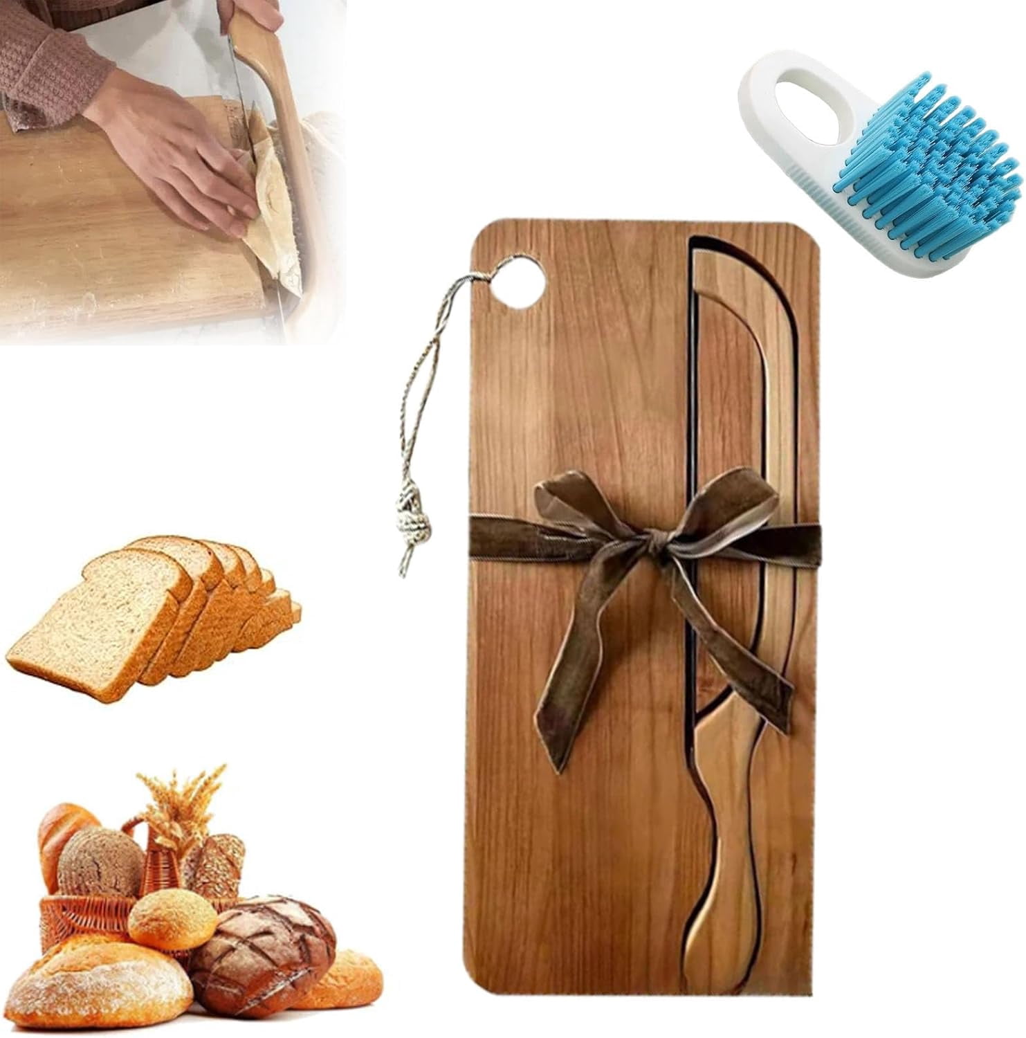 Bread Knife and Cutting Board Set, Sourdough 8 Inch Bread Knife with Matching Crumb Tray, Sour Dough Cutter, Left Right Handed Design, Ergonomic Slicing Kitchen Tool for Bagels (Acacia Wood-1)