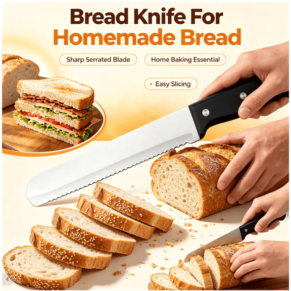 Bread Knife For Homemade Bread,Classic Stainless Steel 8” Bread Knife,Razor Sharp Wavy Edge for Homemade Bread, Bagels, Cake
