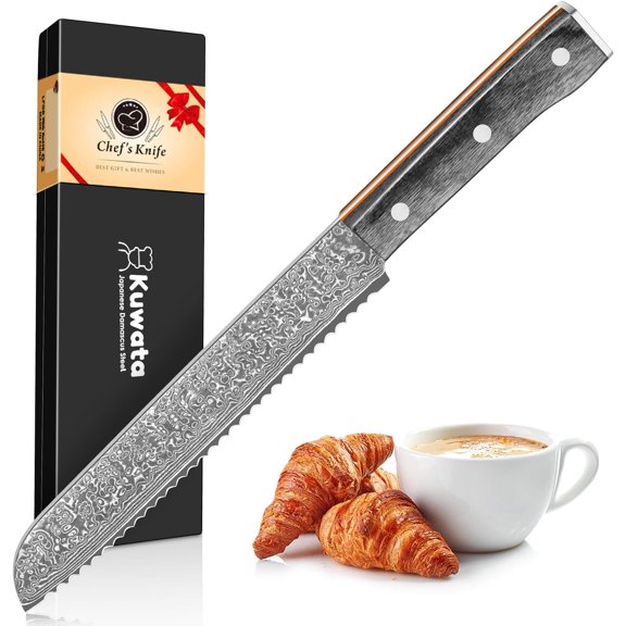 Bread Knife, Multifunction Serrated Knife, VG10 Damascus Steel Bread Cutting Knife for Homemade Bread, Razor Sharp Edge for Efficient Slicing Sourdough Bread, Bagels, Cake