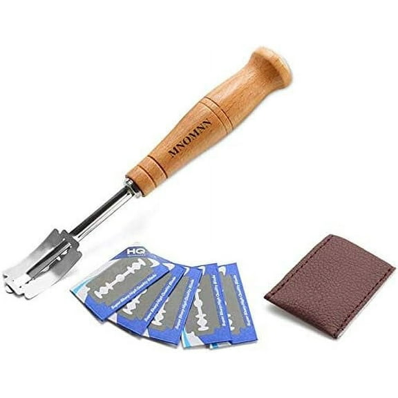 Bread Knife with 5 Stainless Steel Blades and Leather Cover for Baguette and Pretzel Dough