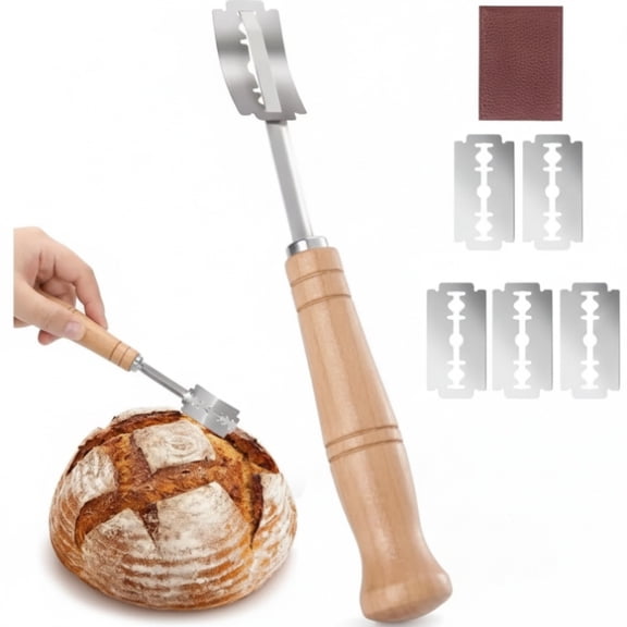 Bread Lame, Sourdough Scoring Tool for Artisan Bread, Stainless Steel Dough Cutter, Wood Handle