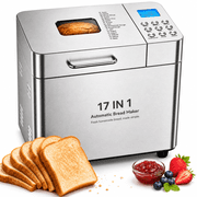 Bread Maker, 17-in-1 2LB Amumu Automatic Bread Machine, LCD Display, Beginner-Friendly Controls, Nonstick Pan, Delay Timer, Keep Warm, Stainless Steel, Silver