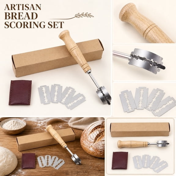 Bread Making Essentials, Bread Scoring Tool, Sourdough Scoring Tool, Razor Model Blades, Model with Sheath 1 Bread Scorer, 5 Extra Sharp Blades and Durable Leather Protective Case