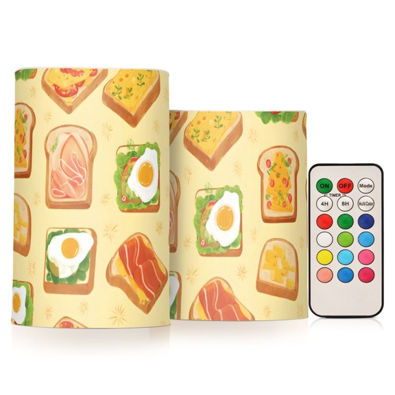 Bread Meat Eggs Pattern Flameless LED Candle Set with Remote, Battery Operated Color Changing Pillar Candles, Set of 2