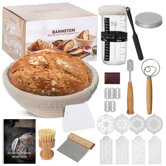 Sourdough Starter Kit with 24oz Starter Jar, YEERSWAG 26 PCS Bread Baking Supplies with 9" Round Oval Banneton Proofing Baskets, Dough Whisk, Spatula, Scraper, Gifts for Bakers Women Wife Mom