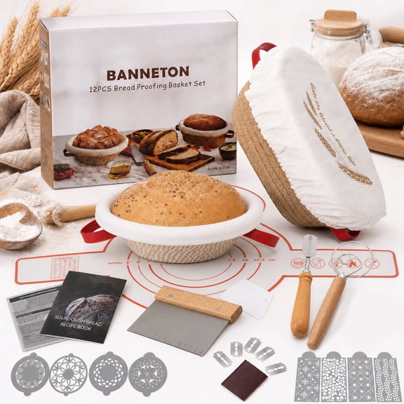 YEERSWAG Sourdough Bread Baking Kit with 9"| Round & 10" Oval Banneton Proofing Baskets, Complete Bread Making Set with Dough Whisk, Bread Lame, Silicone Sling, Scrapers & Scoring Stencils
