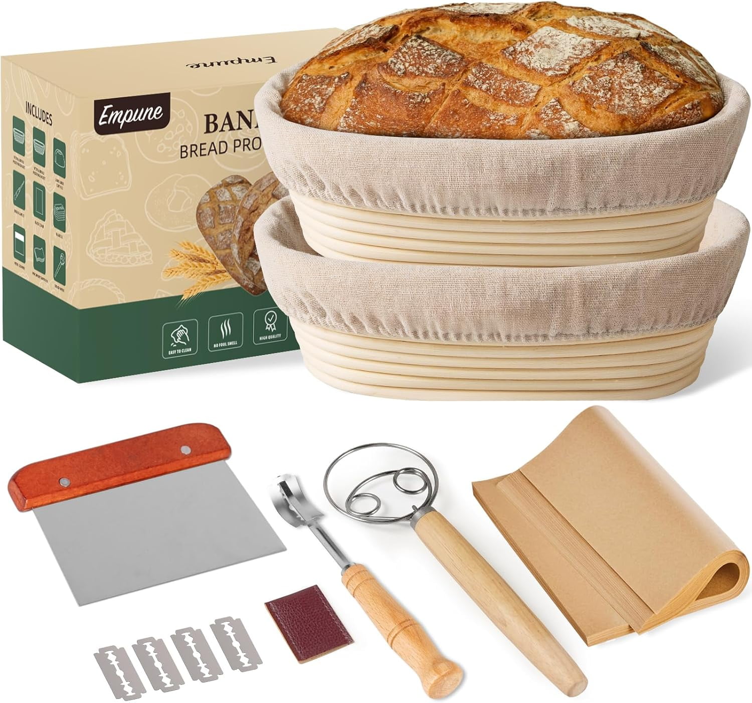 Bread Proofing Basket Set of 2, 10 Inch Oval Sourdough Starter Kit
