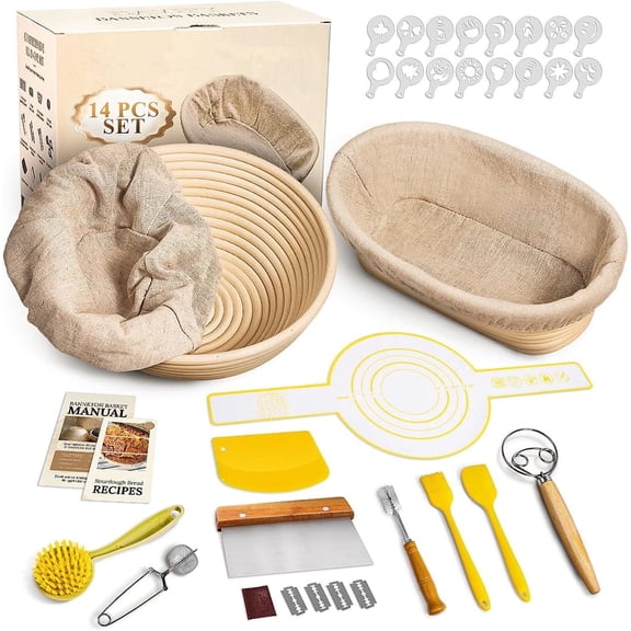 Bread Proofing Basket Set: 9" Round & 10" Oval Banneton Basket, Sourdough Bread Baking Supplies with Bread Lame, Dough Whisk, Dough Scraper, Bread Sling Complete Bread Making Kit