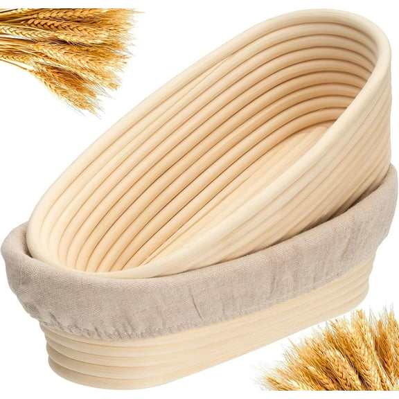 Fvieon Bread Proofing Baskets Set of 2 - 10 Inch Oval Dough Bowls with Liners for Sourdough Bread Baking