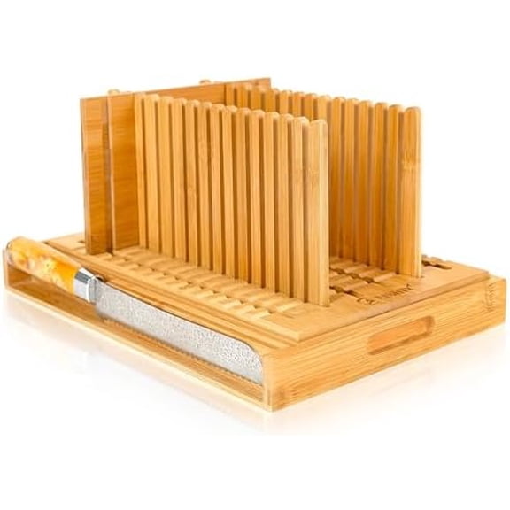 Bread Slicer for Homemade Bread, Adjustable Thickness and Width Slicing Guides, Plug in Slicer Guide Design, with Crumb Tray, Damascus steel pattern knife, for Cakes, Bagels