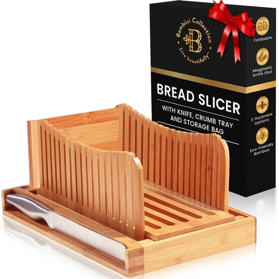 Bread Slicer for Homemade Bread - Bamboo Bread Slicer with Knife, Foldable Bread Slicing Guide with 3 Adjustable Thickness, Crumb Tray, Bread Cutter for Sourdough, Bagels, Loaf, Toast, Kitchen Gifts