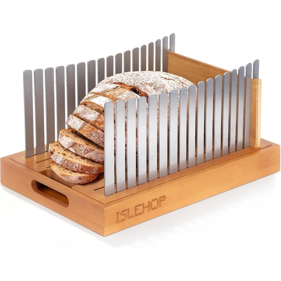 Bread Slicer for Homemade Bread – Steel Guides, Bamboo Crumb Tray, Manual Bread Slicer with 3 Adjustable Widths & Thicknesses, Foldable Bread Cutter for Sandwich, Loaf, Toast – Kitchen Gifts