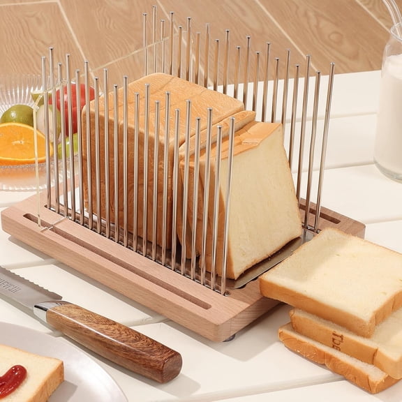 Bread Slicer, Stainless Bread Slicer for Homemade Bread,Adjustable Bread Slicing Guide with Beechwood Bread Board for Loaf,Bagels & Baguette, Durable and Wooden Structure